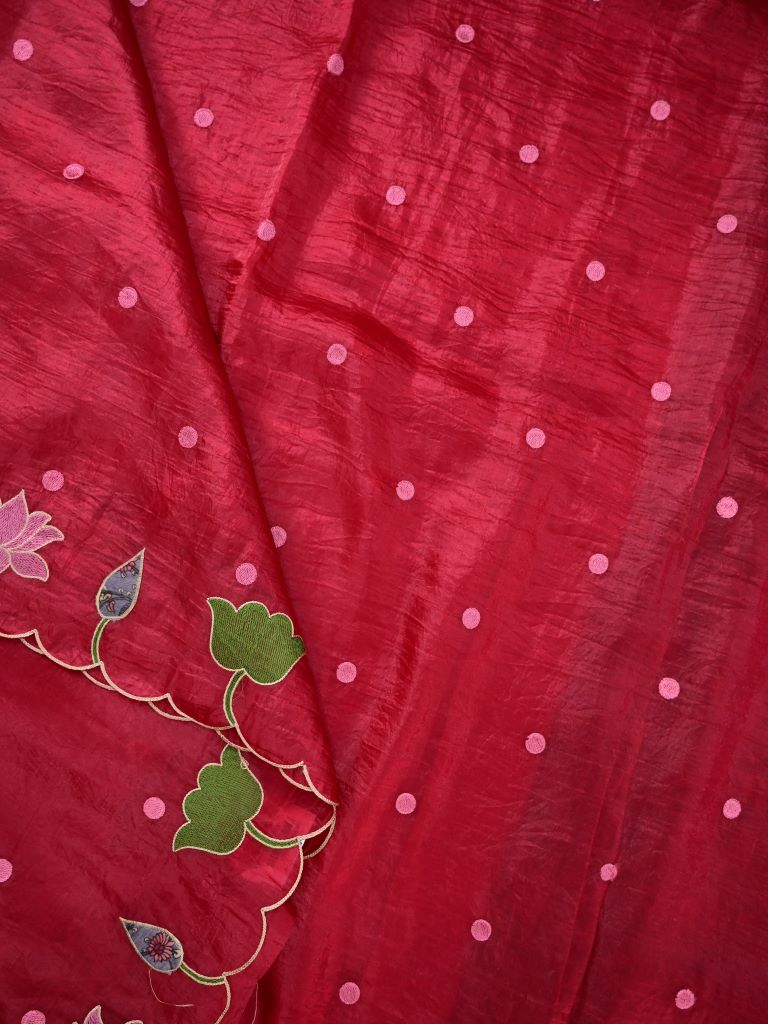 Soft organza fancy saree red color allover motifs & embroidery cutwork border with running pallu and contrast printed blouse