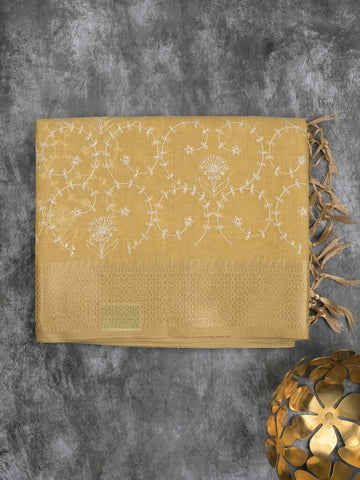 Kota tissue fancy saree golden yellow color allover embroidery & zari border with short pallu and plain self blouse