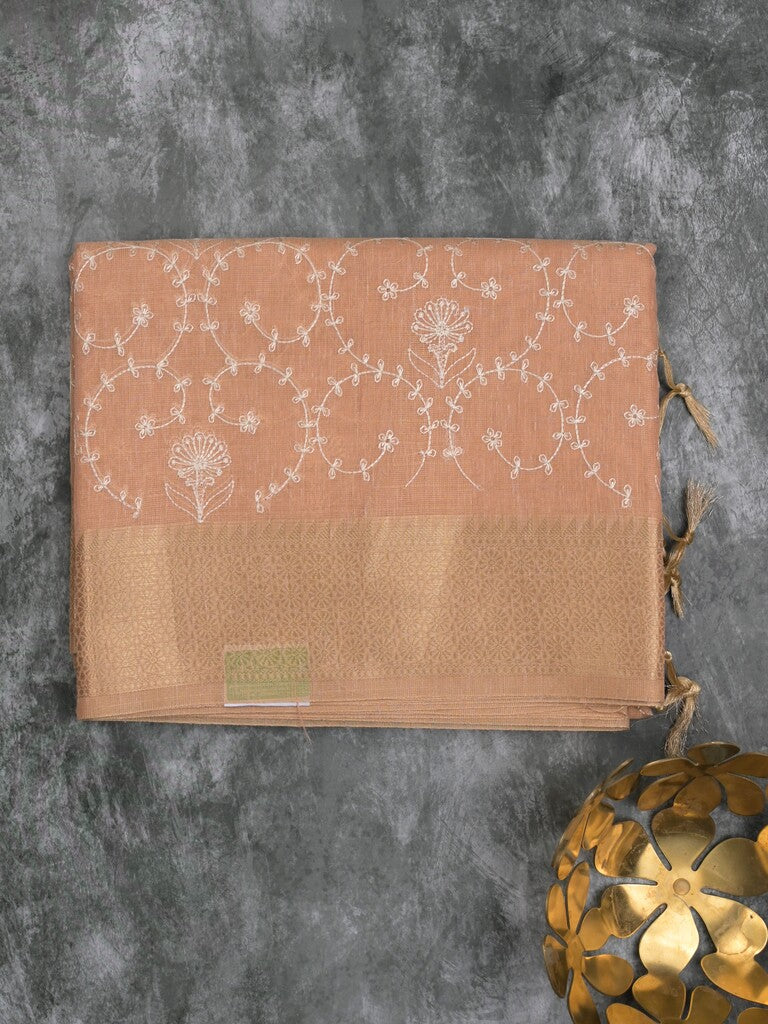 Kota tissue fancy saree peach color allover embroidery & zari border with short pallu and plain self blouse
