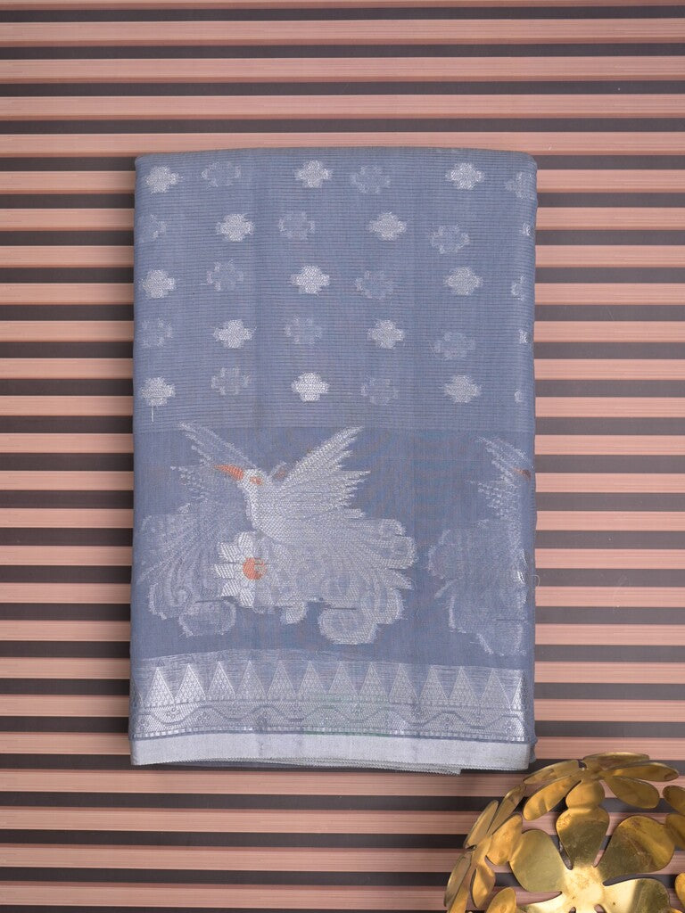 Chanderi fancy saree grey color allover weaves & weaving border with brocade pallu and brocade blouse