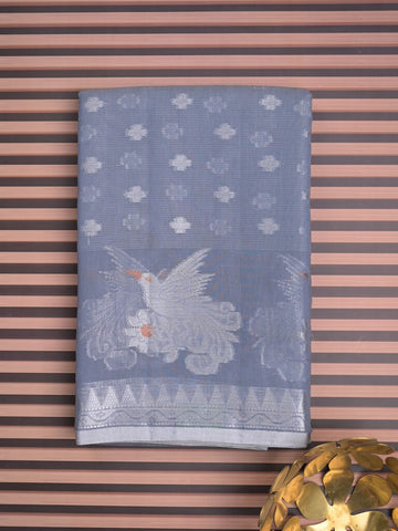 Chanderi fancy saree grey color allover weaves & weaving border with brocade pallu and brocade blouse