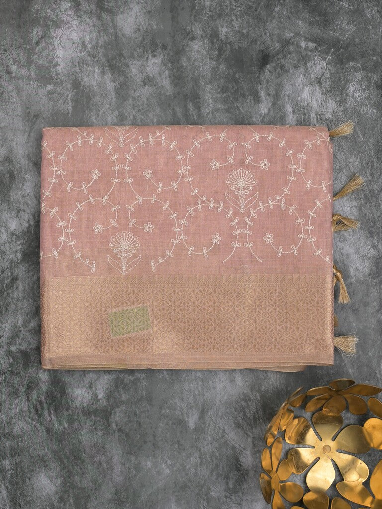 Kota tissue fancy saree baby pink color allover embroidery & zari border with short pallu and plain self blouse