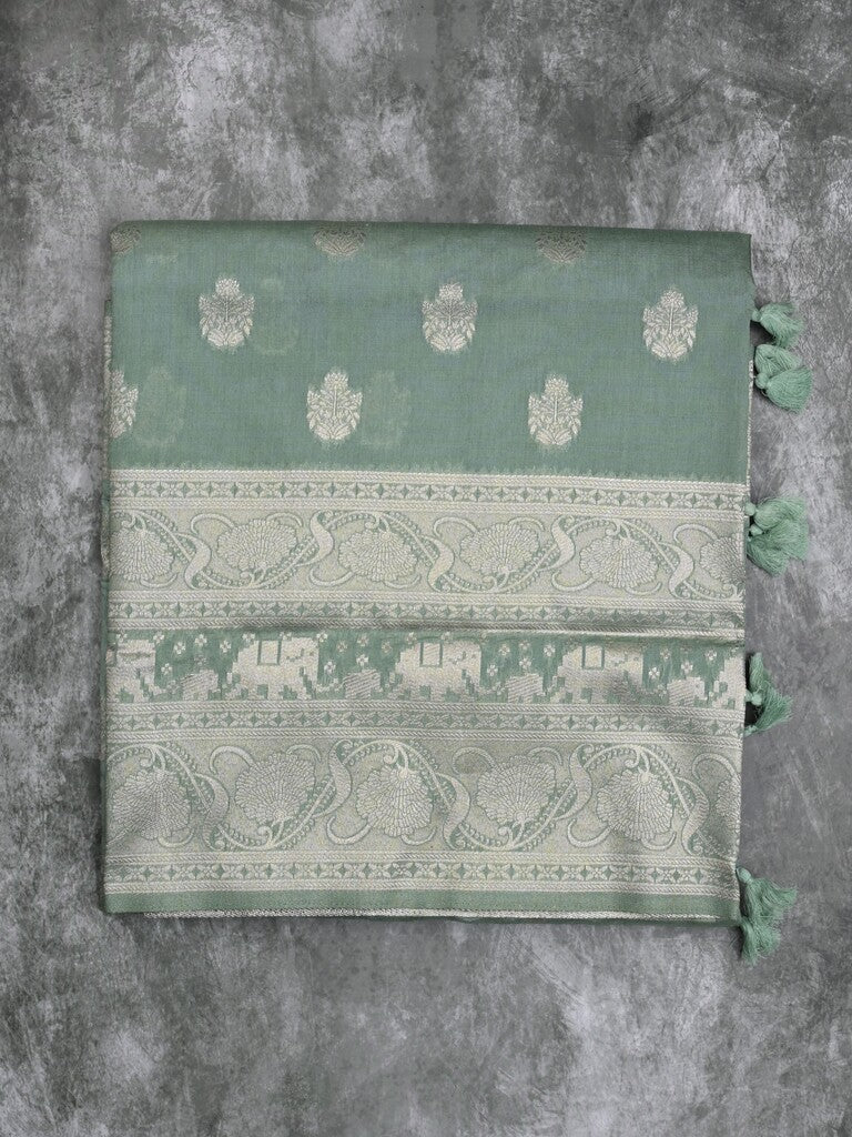 Dupion fancy saree lux green color allover zari motifs & zari border with rich pallu and plain contrast blouse