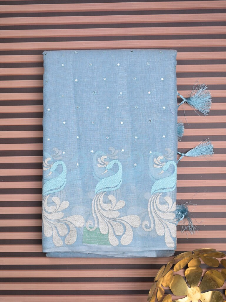 Chanderi jute fancy saree sky blue color allover mirror work & weaving border with running pallu and attached self blouse