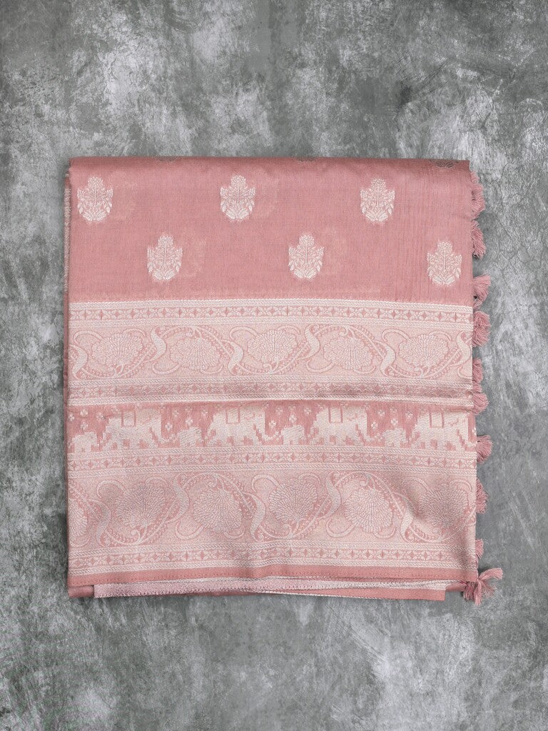 Dupion fancy saree baby pink color allover zari motifs & zari border with rich pallu and plain contrast blouse