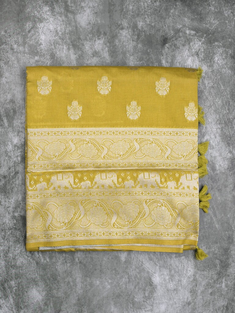 Dupion fancy saree greenish yellow color allover zari motifs & zari border with rich pallu and plain contrast blouse