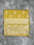 Dupion fancy saree greenish yellow color allover zari motifs & zari border with rich pallu and plain contrast blouse