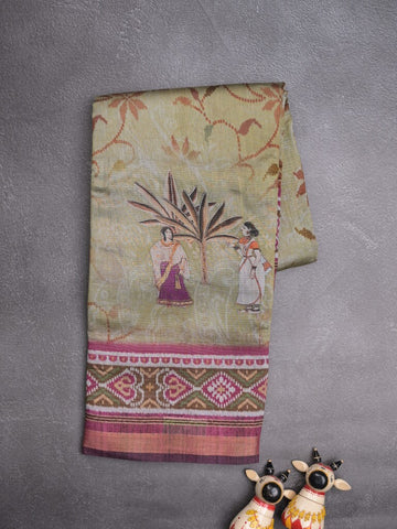 Tussar fancy saree cream color allover prints & printed border with contrast pallu and attached printed blouse