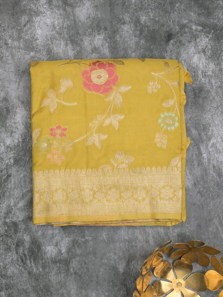 Georgette fancy saree golden yellow color allover zari weaves & zari border with rich pallu and plain self blouse