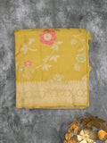 Georgette fancy saree golden yellow color allover zari weaves & zari border with rich pallu and plain self blouse