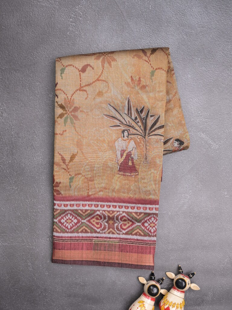 Tussar fancy saree cream color allover prints & printed border with contrast pallu and attached printed blouse