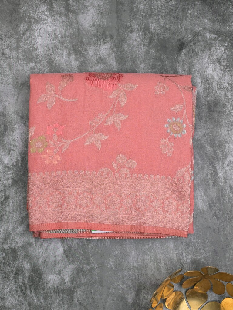 Georgette fancy saree coral pink color allover zari weaves & zari border with rich pallu and plain self blouse