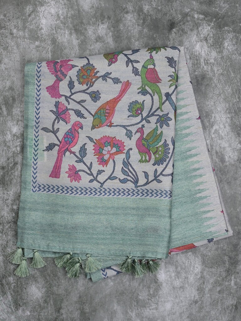 Tussar fancy saree lux green color allover motifs & printed border with running pallu and attached self blouse