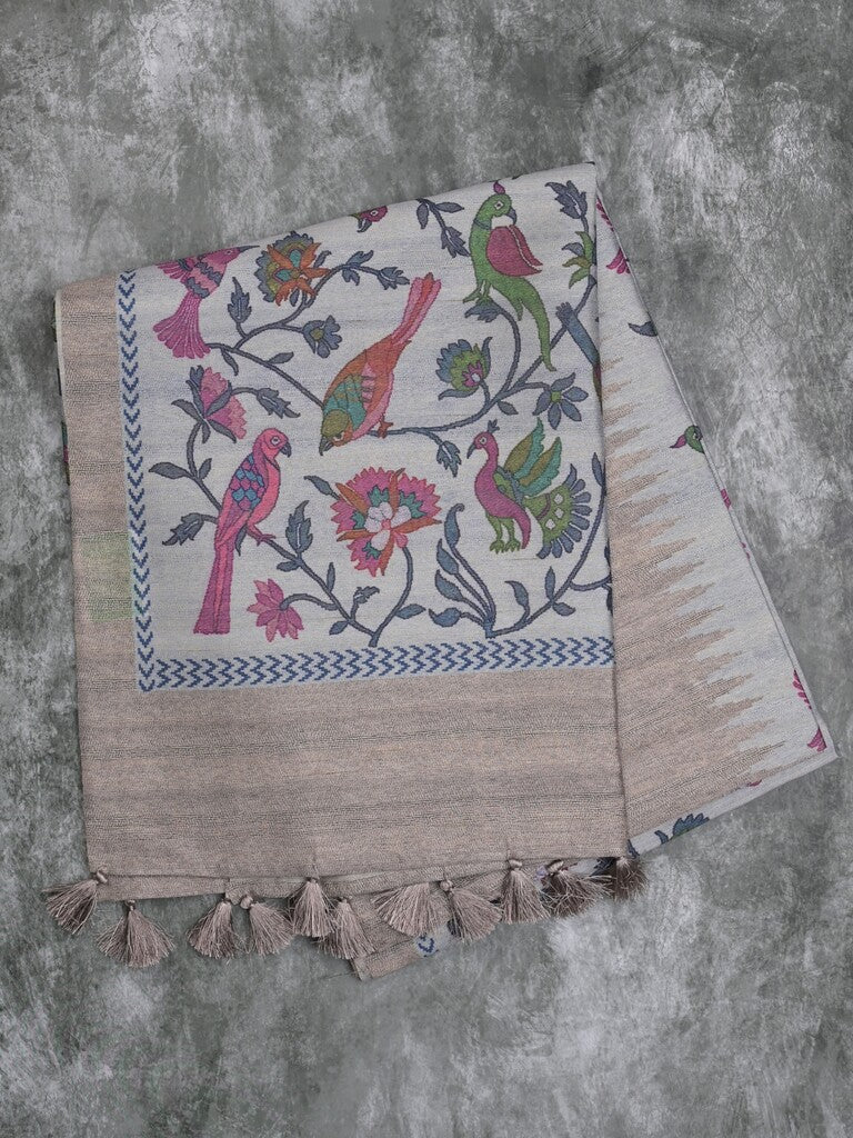 Tussar fancy saree beige color allover motifs & printed border with running pallu and attached self blouse