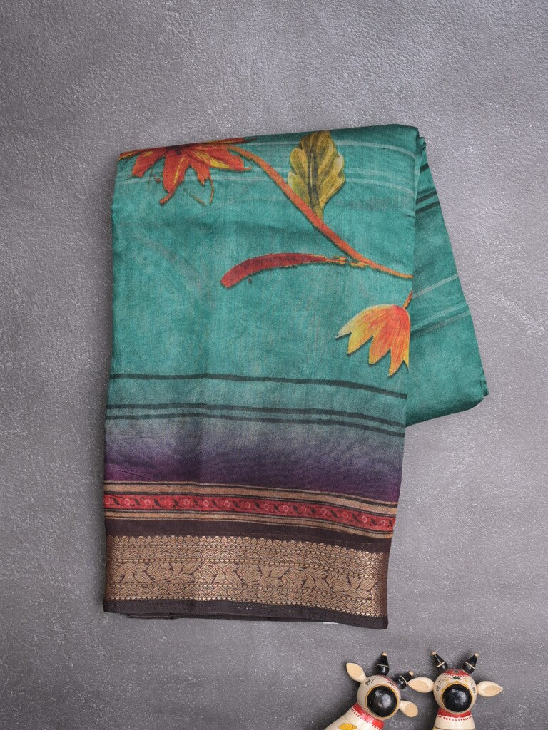 Tussar fancy saree lux green color allover prints & zari, printed border with contrast pallu and attached printed blouse