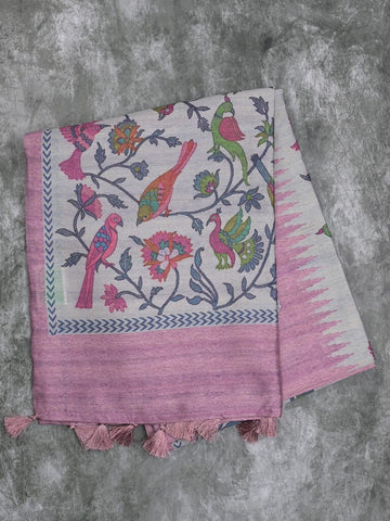 Jute tissue fancy saree light peach color allover embroidery & zari border with short pallu and plain self blouse Copy