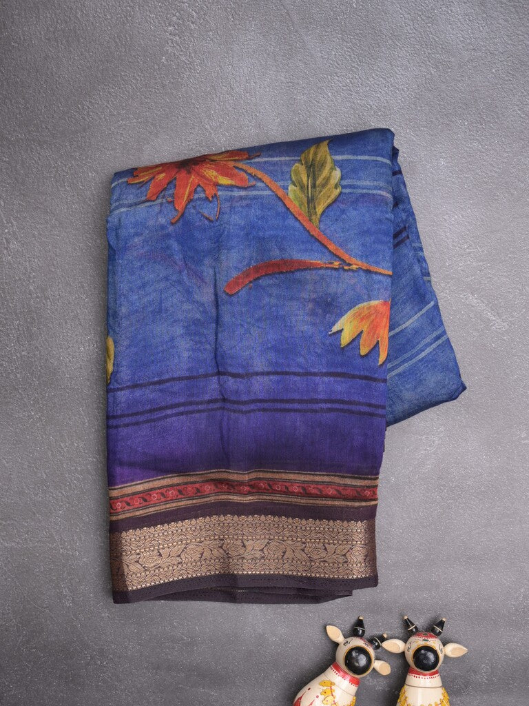 Tussar fancy saree navy blue color allover prints & zari, printed border with contrast pallu and attached printed blouse