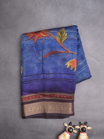 Tussar fancy saree navy blue color allover prints & zari, printed border with contrast pallu and attached printed blouse