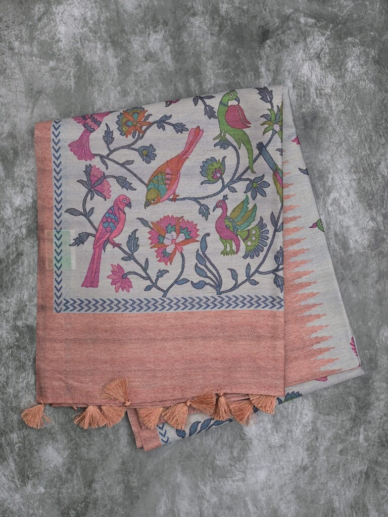 Tussar fancy saree peach color allover motifs & printed border with running pallu and attached self blouse