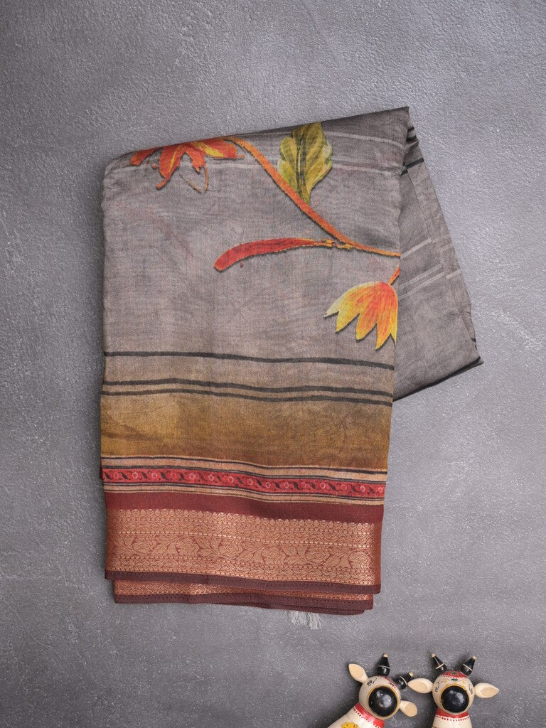 Tussar fancy saree grey color allover prints & zari, printed border with contrast pallu and attached printed blouse