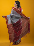Dhaka cotton saree grey color allover plain & small border with contrast pallu and attached plain blouse