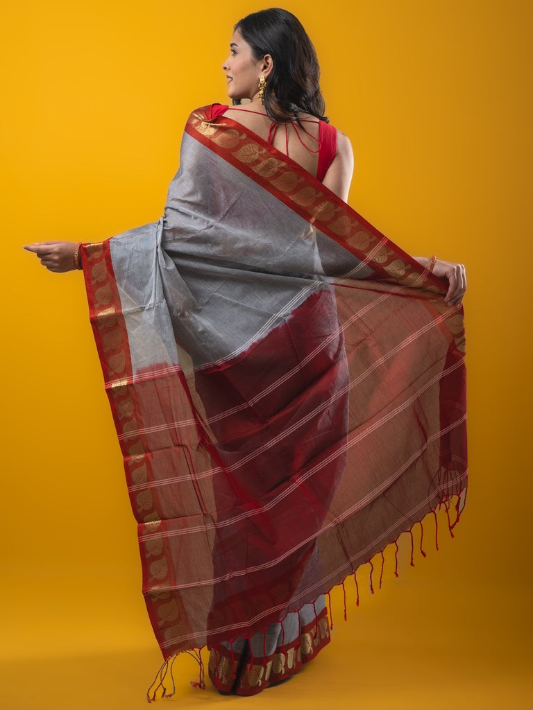 Dhaka cotton saree grey color allover plain & small border with contrast pallu and attached plain blouse