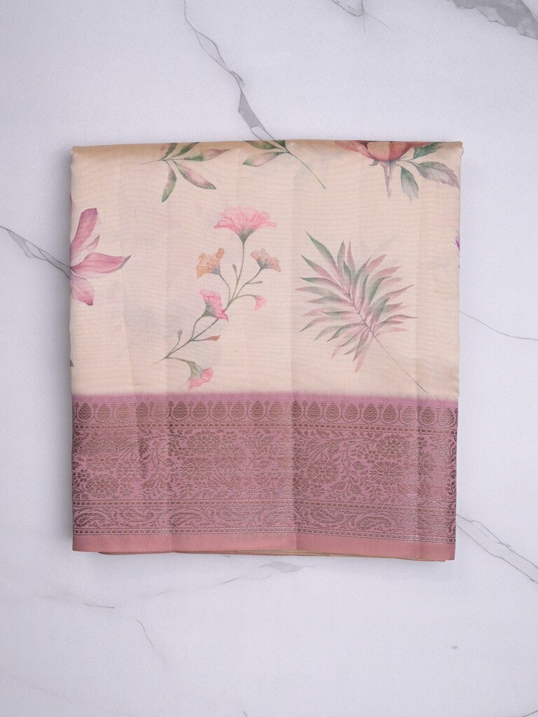 Dupion fancy saree white and pink color allover digital prints & zari border with short pallu and contrast printed blouse