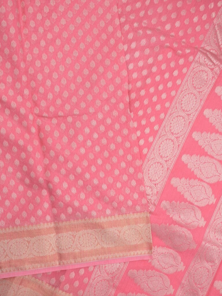 Chanderi kora fancy saree light pink color allover zari motifs & zari border with rich pallu and plain blouse