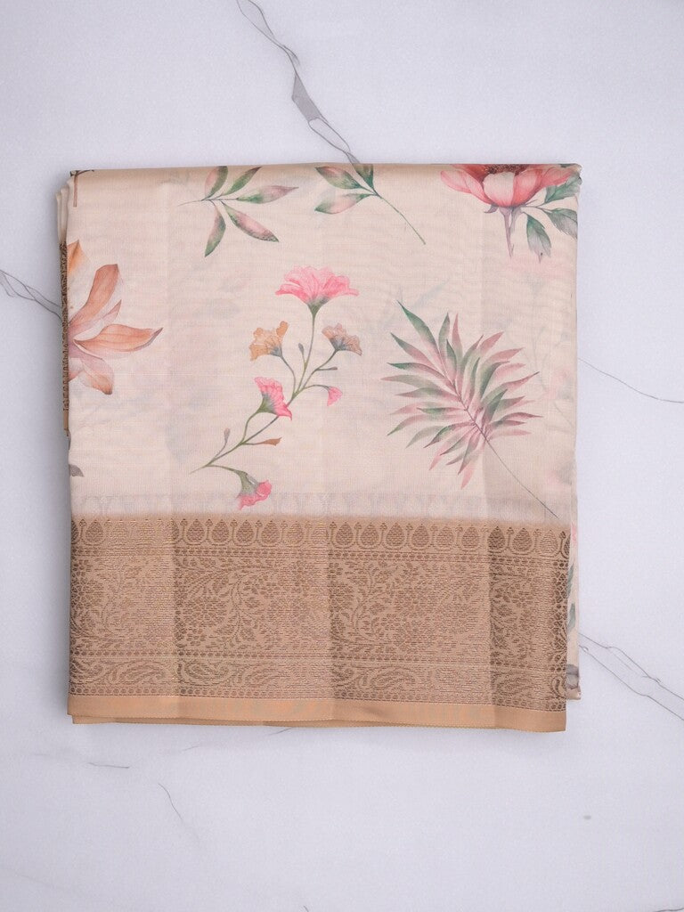 Dupion fancy saree white and peach color allover digital prints & zari border with short pallu and contrast printed blouse