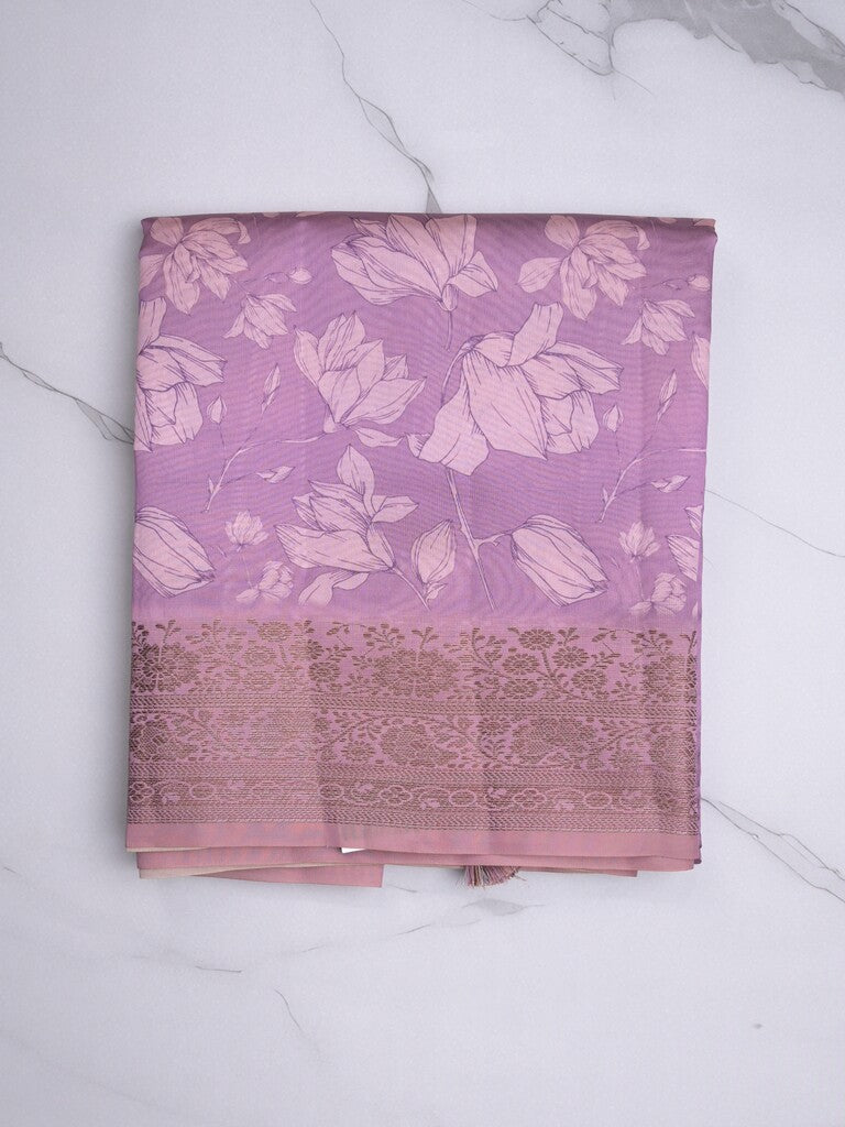 Dupion fancy saree purple color allover digital prints & zari border with short pallu and printed blouse