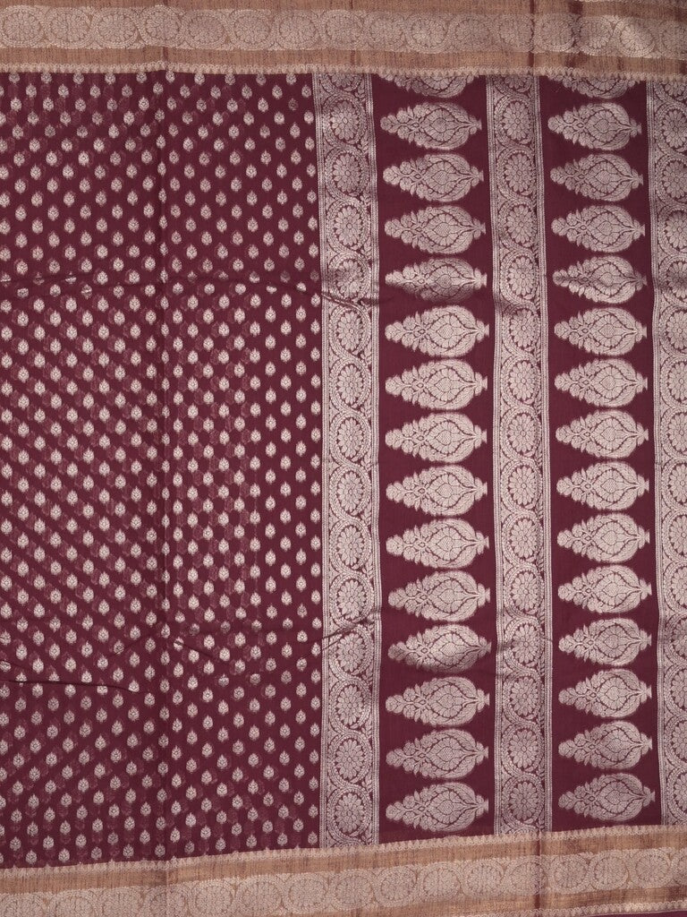 Chanderi kora fancy saree dark brown color allover zari motifs & zari border with rich pallu and plain blouse