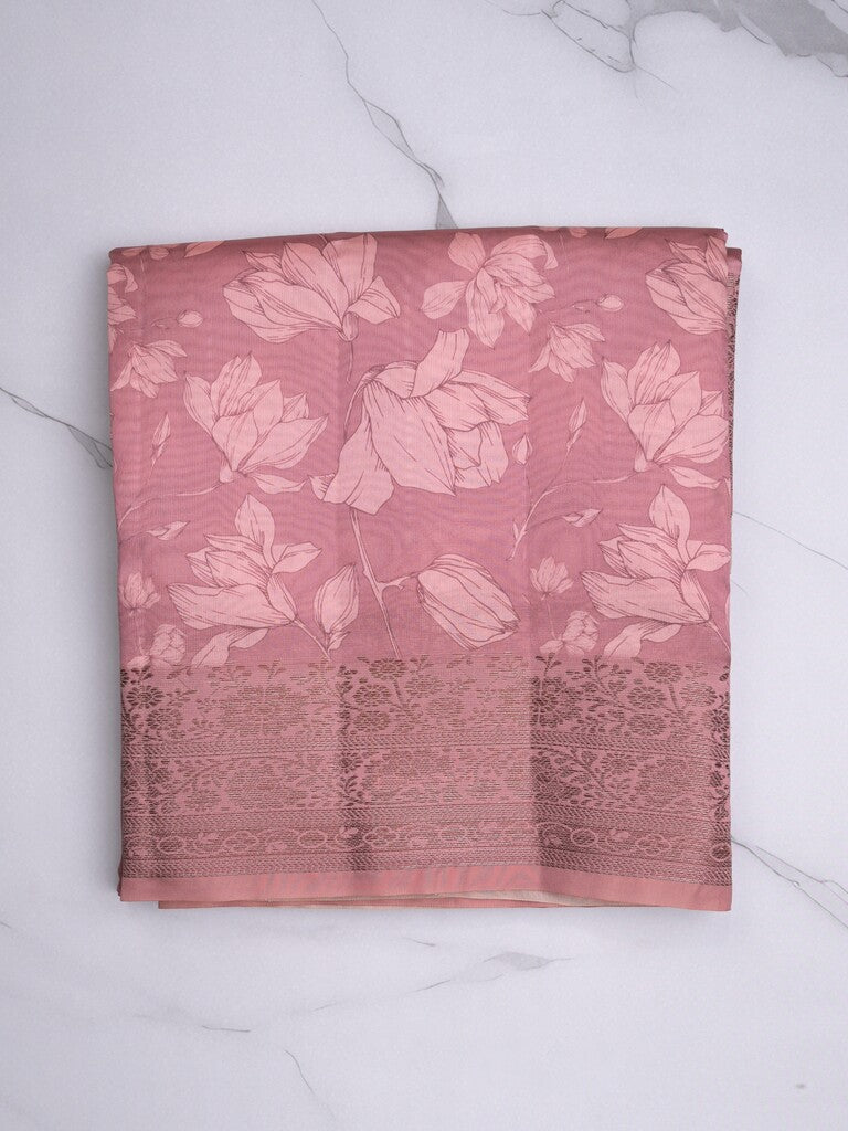 Dupion fancy saree onion pink color allover digital prints & zari border with short pallu and printed blouse