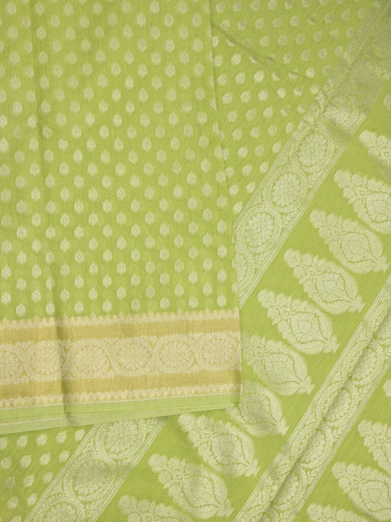 Chanderi kora fancy saree light green color allover zari motifs & zari border with rich pallu and plain blouse