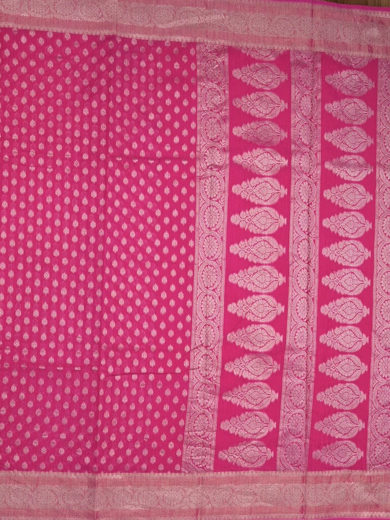 Chanderi kora fancy saree magenta color allover zari motifs & zari border with rich pallu and plain blouse