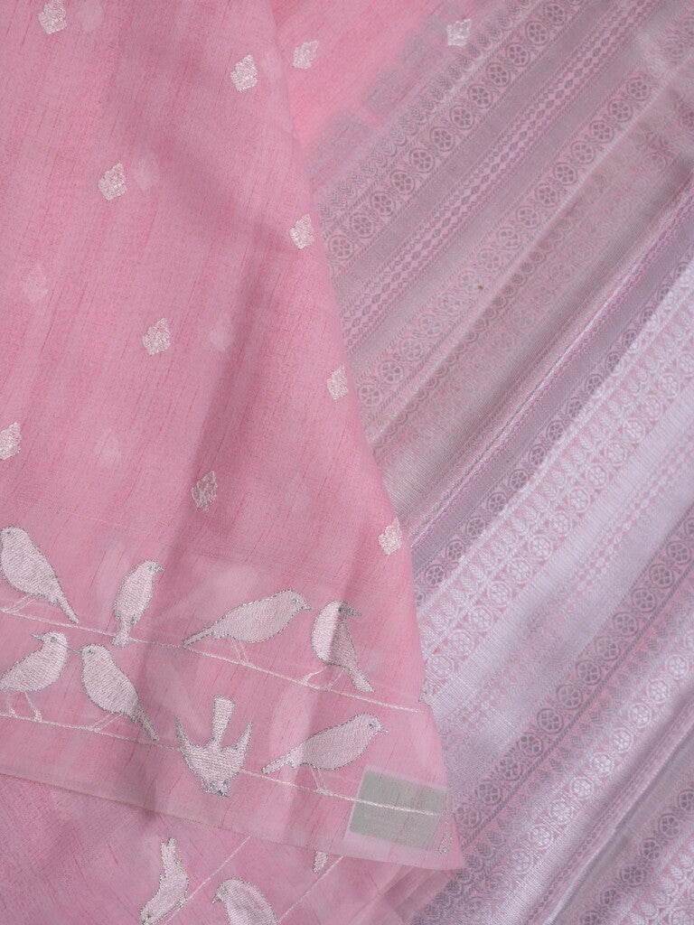 Dupion fancy saree baby pink color allover weaves & weaving border with brocade pallu and brocade blouse