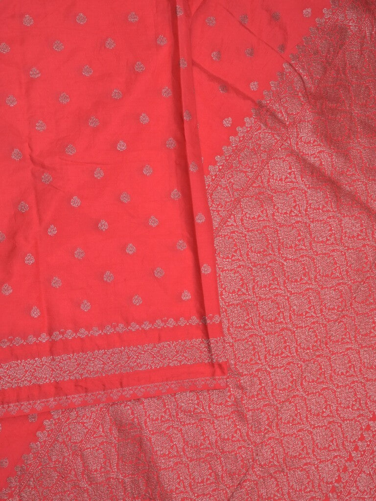 Chanderi kora fancy saree red color allover zari motifs & zari border with rich pallu and plain blouse