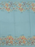 Soft organza fancy saree sea blue color allover plain & printed border with running pallu and attached plain blouse