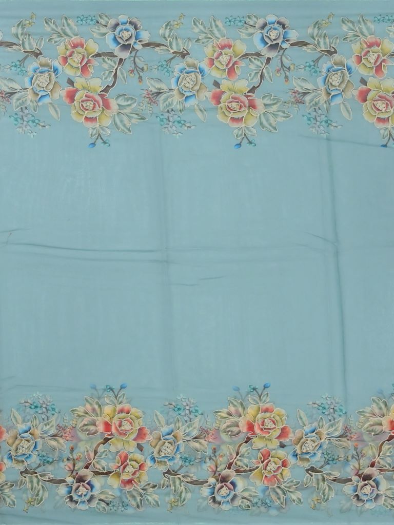 Soft organza fancy saree sea blue color allover plain & printed border with running pallu and attached plain blouse