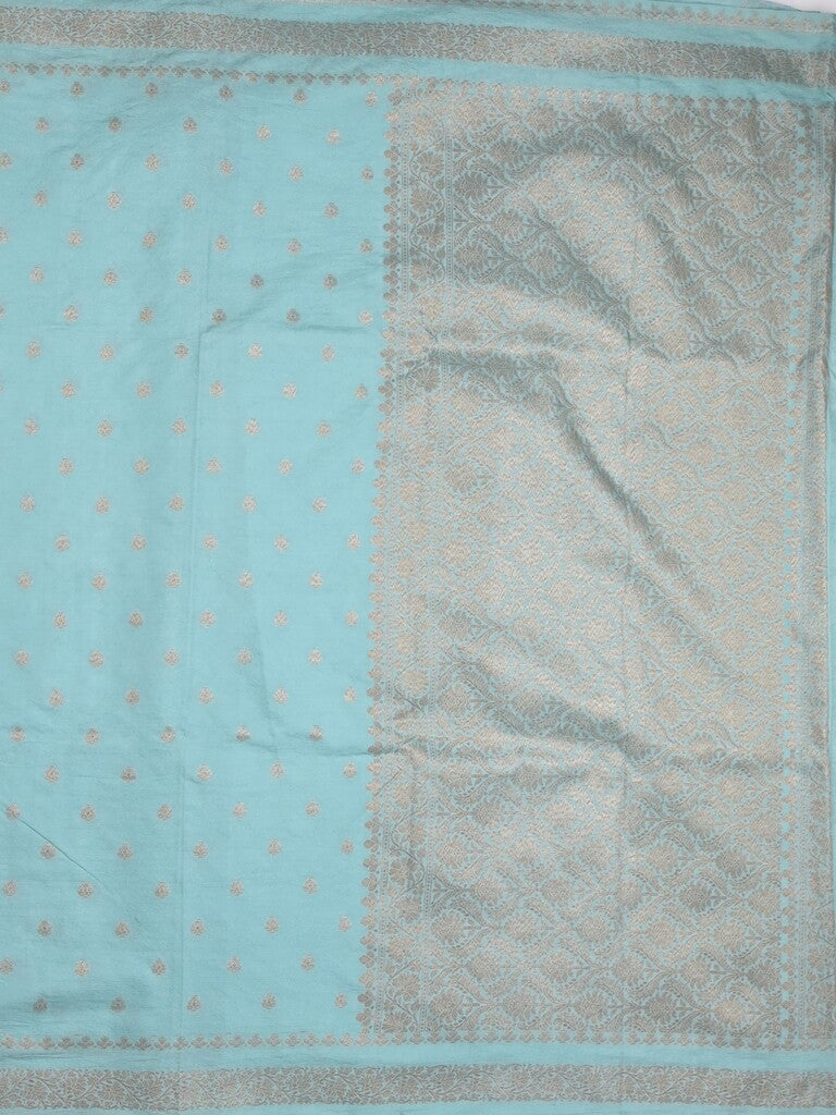 Chanderi kora fancy saree light blue color allover zari motifs & zari border with rich pallu and plain blouse