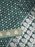 Chanderi kora fancy saree dark green color allover zari motifs & zari border with rich pallu and plain blouse