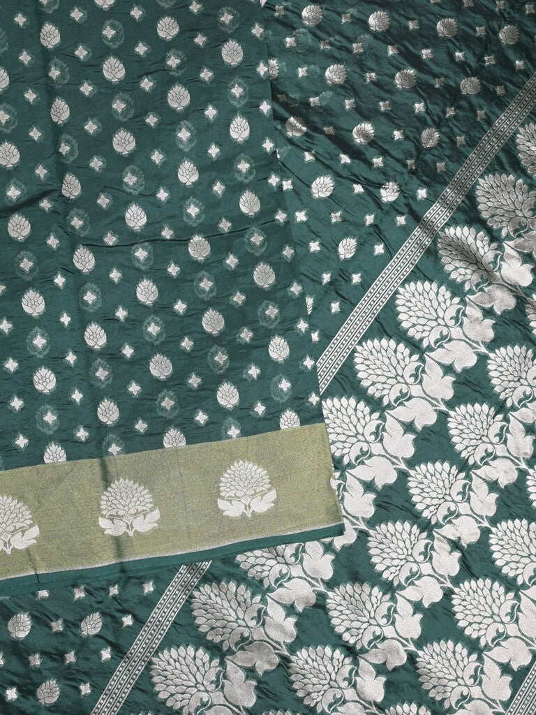 Chanderi kora fancy saree dark green color allover zari motifs & zari border with rich pallu and plain blouse