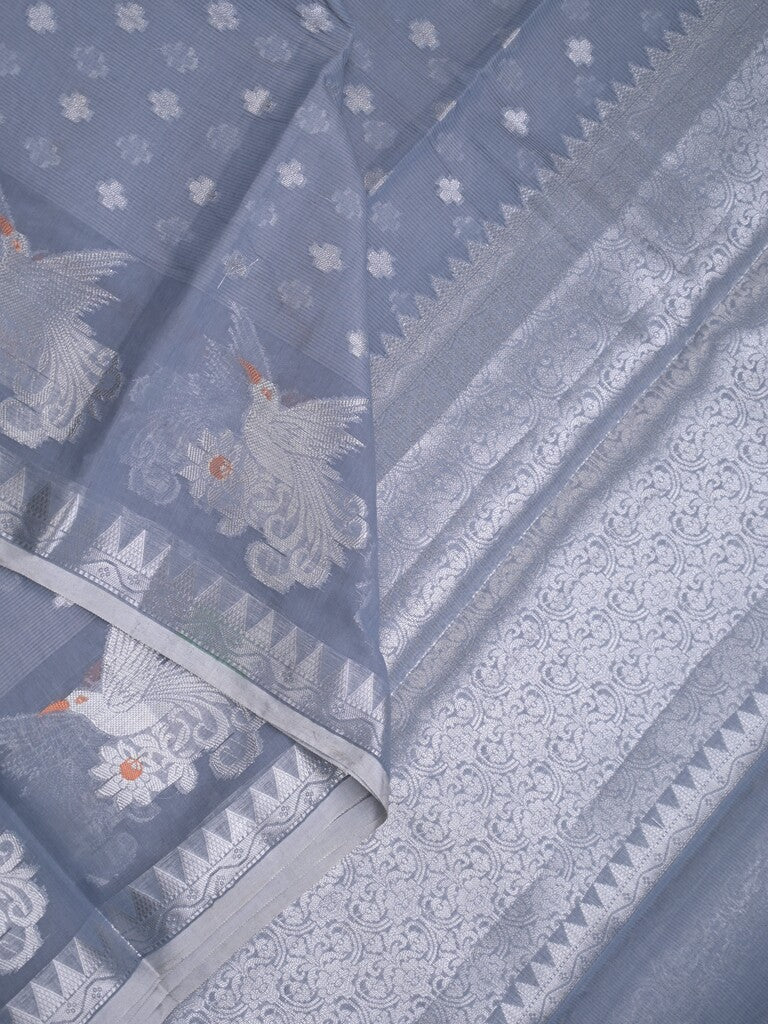 Chanderi fancy saree grey color allover weaves & weaving border with brocade pallu and brocade blouse