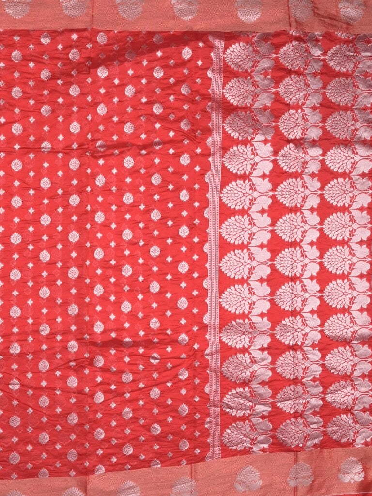 Chanderi kora fancy saree red color allover zari motifs & zari border with rich pallu and plain blouse