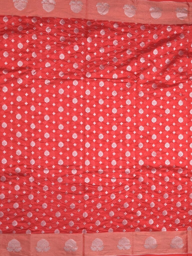 Chanderi kora fancy saree red color allover zari motifs & zari border with rich pallu and plain blouse