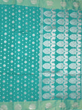 Chanderi kora fancy saree peacock blue color allover zari motifs & zari border with rich pallu and plain blouse