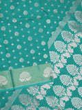 Chanderi kora fancy saree peacock blue color allover zari motifs & zari border with rich pallu and plain blouse