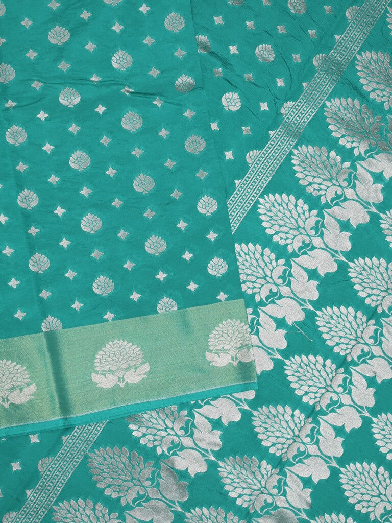 Chanderi kora fancy saree peacock blue color allover zari motifs & zari border with rich pallu and plain blouse