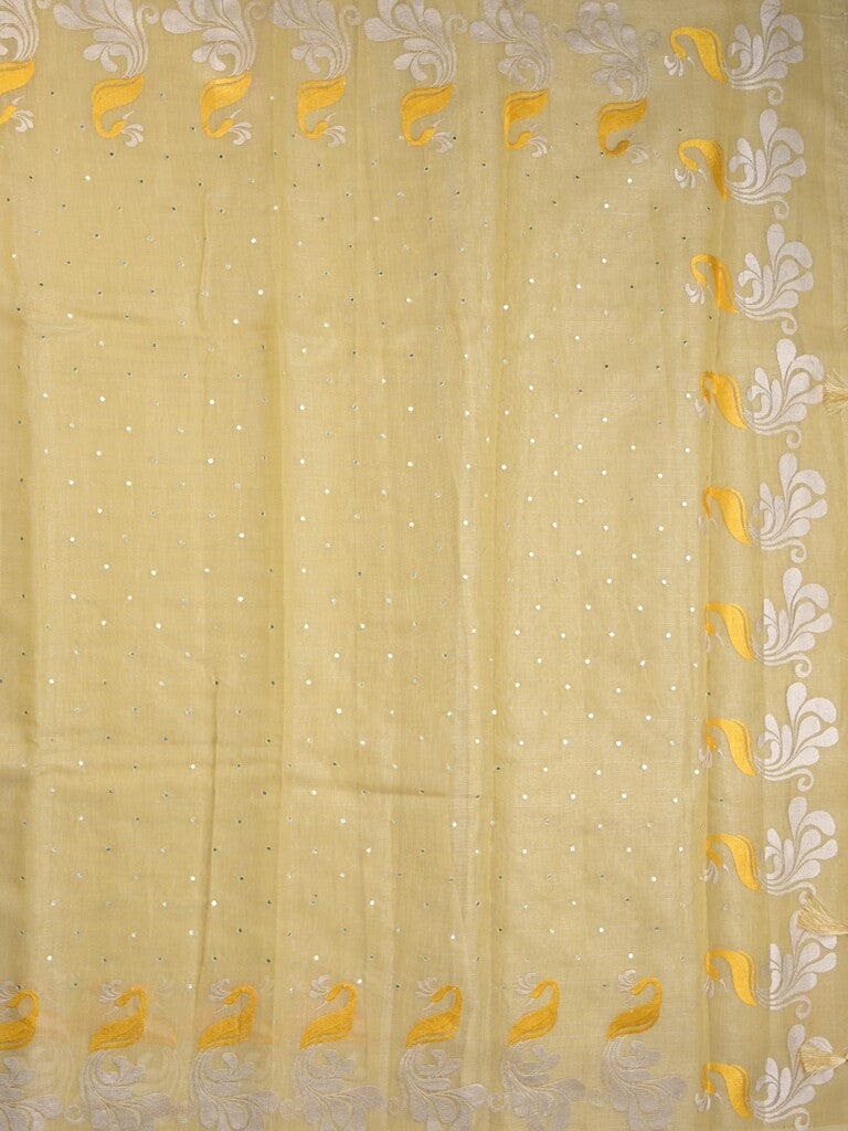 Chanderi jute fancy saree cream color allover mirror work & weaving border with running pallu and attached self blouse