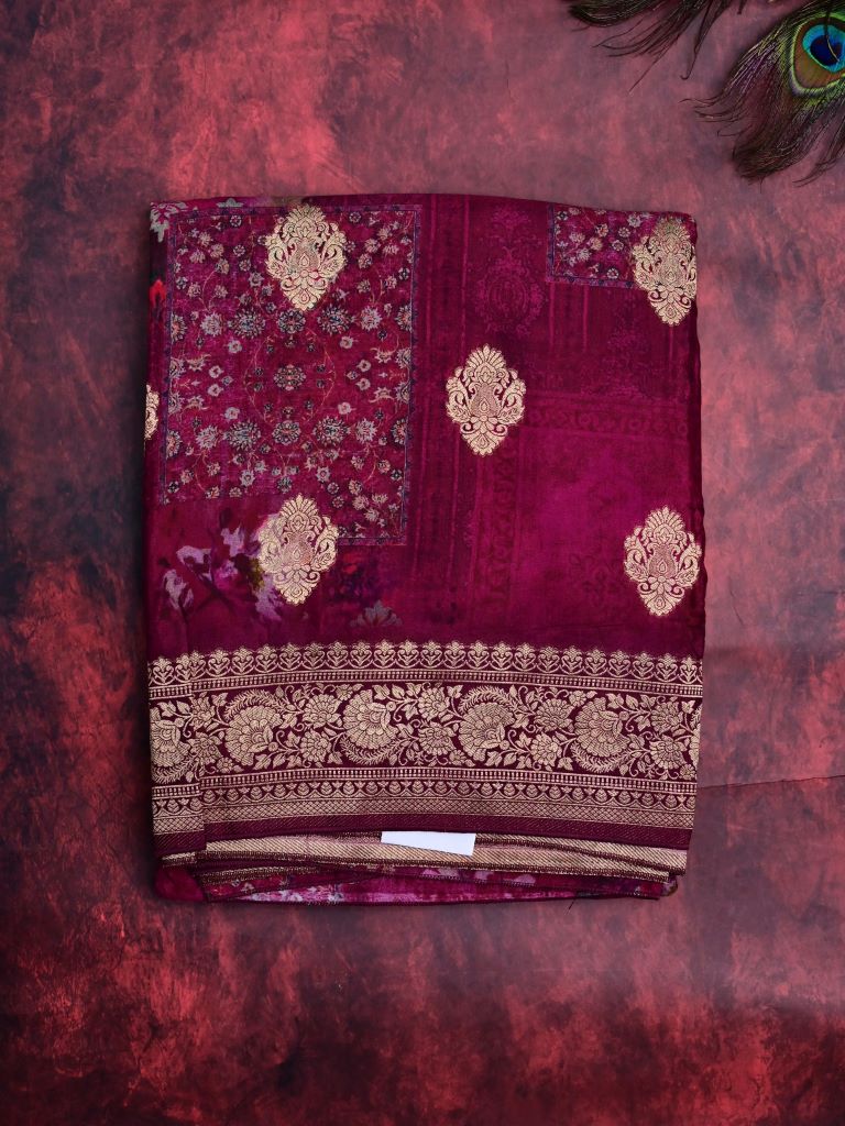 Modal silk saree magenta color allover prints & zari border with rich pallu and printed blouse