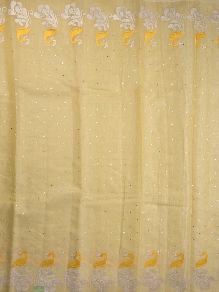 Chanderi jute fancy saree cream color allover mirror work & weaving border with running pallu and attached self blouse